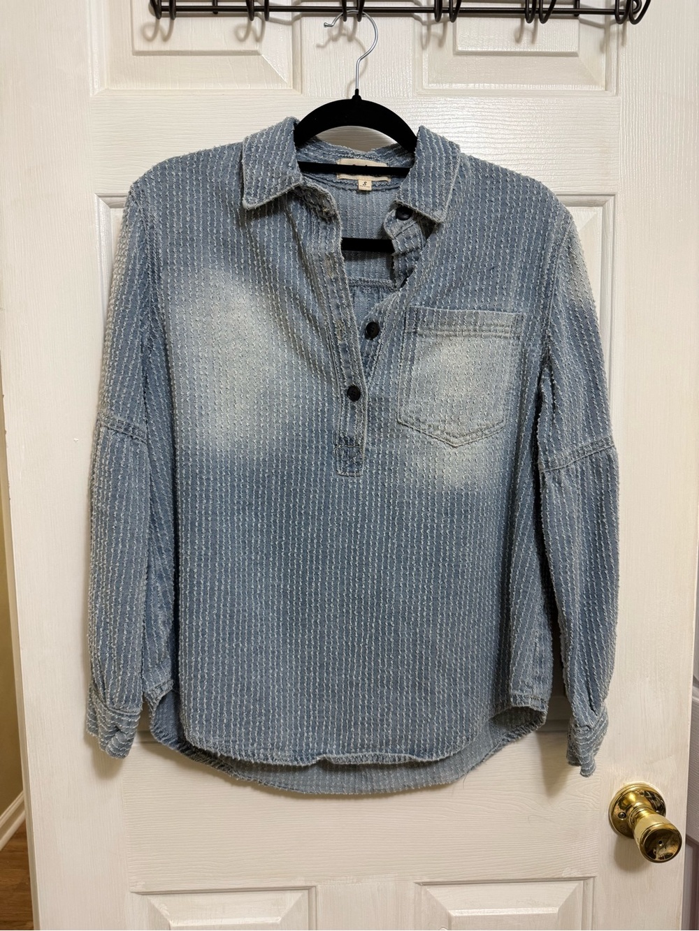Listicle Light Blue Textured Button-Up Blouse